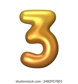 Numeral 3 - Golden Plastic Balloon Number three Isolated on White Background. 3D Style Vector Illustration