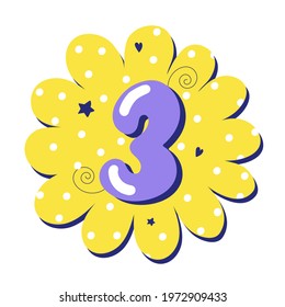 Numeral 3 isolated on bright background. Number three. Vector illustration for baby design in cartoon style. Happy birthday 3 years