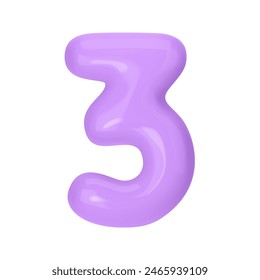 Numeral 3 - Violet Plastic Balloon Number three Isolated on White Background. 3D Style Vector Illustration