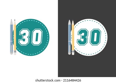 Numeral 30 university style over cyan and white round circle and pencil and pen illustration on the side and light and dark background