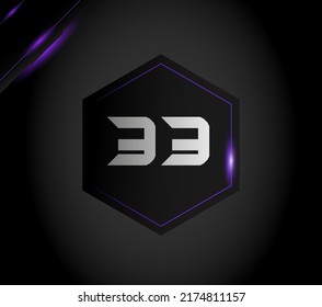 Numeral 33 in futuristic metallic black hexagon with purple ornament and sparkles on dark gradient background