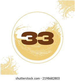 Numeral 33 with orange liquid background dripping in a circular shape in the background - juice, drink and beer