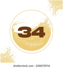 Numeral 34 with orange liquid background dripping in a circular shape in the background - juice, drink and beer