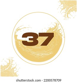 Numeral 37 with orange liquid background dripping in a circular shape in the background - juice, drink and beer