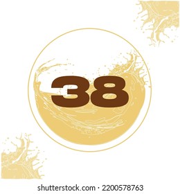 Numeral 38 with orange liquid background dripping in a circular shape in the background - juice, drink and beer