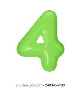Numeral 4 - Green Plastic Balloon Number four Isolated on White Background. 3D Style Vector Illustration
