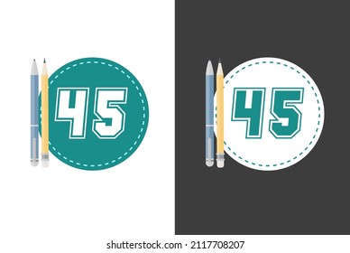 Numeral 45 university style over cyan and white round circle and pencil and pen illustration on the side and light and dark background