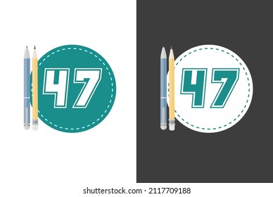 Numeral 47 university style over cyan and white round circle and pencil and pen illustration on the side and light and dark background