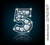 Numeral 5 (five), a figure made of precious stones of diamonds. Jewelry with bright highlights. Realistic illustration. On a dark background. Vector.