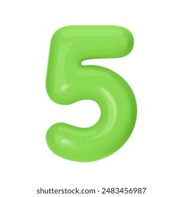 Numeral 5 - Green Plastic Balloon Number five Isolated on White Background. 3D Style Vector Illustration