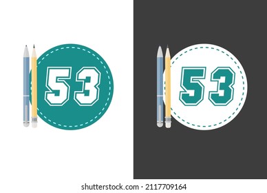 Numeral 53 university style over cyan and white round circle and pencil and pen illustration on the side and light and dark background