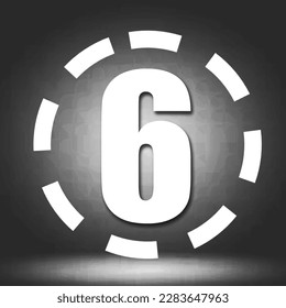 numeral 6 blue  with dashed around countdown numeral six plus stroke blue background and blue number