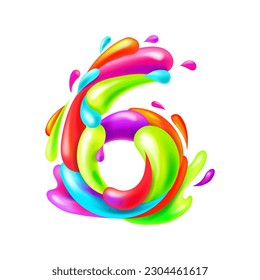Numeral 6, colorful multi colored sign isolated on white background. Number one for birthday.