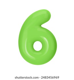 Numeral 6 - Green Plastic Balloon Number six Isolated on White Background. 3D Style Vector Illustration