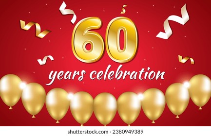 Numeral 60 years celebration on red background. Golden balloons and streamers.
 svg
