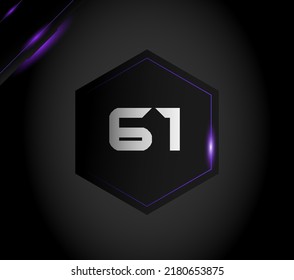 Numeral 61 in futuristic metallic black hexagon with purple ornament and sparkles on dark gradient background