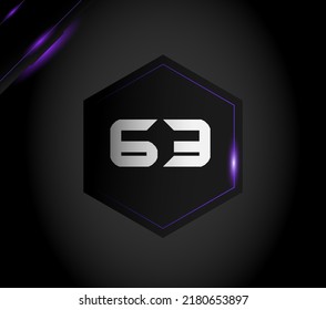Numeral 63 in futuristic metallic black hexagon with purple ornament and sparkles on dark gradient background