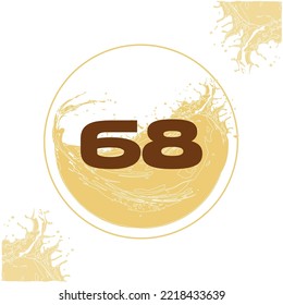 Numeral 68 with orange liquid background dripping in a circular shape in the background - juice, drink and beer