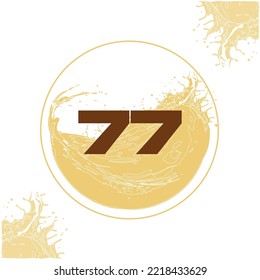 Numeral 77 with orange liquid background dripping in a circular shape in the background - juice, drink and beer