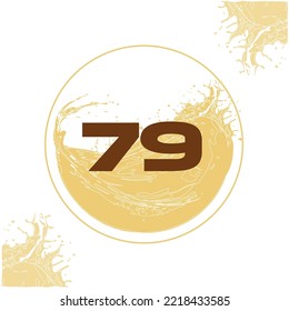 Numeral 79 with orange liquid background dripping in a circular shape in the background - juice, drink and beer