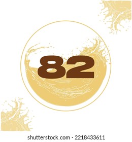 Numeral 82 with orange liquid background dripping in a circular shape in the background - juice, drink and beer