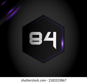 Numeral 84 in futuristic metallic black hexagon with purple ornament and sparkles on dark gradient background