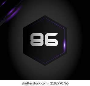 Numeral 86 in futuristic metallic black hexagon with purple ornament and sparkles on dark gradient background