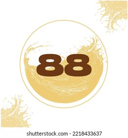 Numeral 88 with orange liquid background dripping in a circular shape in the background - juice, drink and beer