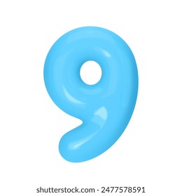 Numeral 9 - Blue Plastic Balloon Number nine Isolated on White Background. 3D Style Vector Illustration