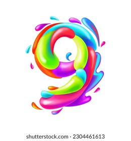 Numeral 9, colorful multi colored sign isolated on white background. Number one for birthday.