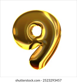 Numeral 9 - Balão Dourado. número 9 isolado no fundo branco. estilo dourado. Ilustração de vetor de estilo 3D.