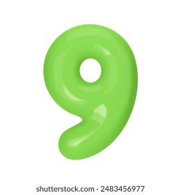 Numeral 9 - Green Plastic Balloon Number nine Isolated on White Background. 3D Style Vector Illustration