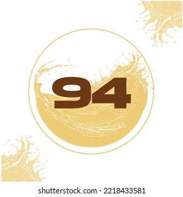 Numeral 94 with orange liquid background dripping in a circular shape in the background - juice, drink and beer