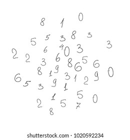 Numeral background. Scribbled handwritten numbers for card, poster, banner. Vector background with numbers in primitive style. Simple pattern for your design.