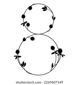 Numeral eight with red clover branches. Floral font. Number 8. Black silhouette on white background.