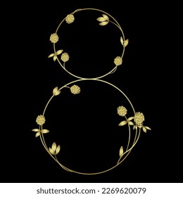 Numeral eight with red clover branches. Floral font. Number 8. Golden glossy silhouette on black background.