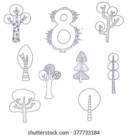 Numeral eight and trees vector illustration