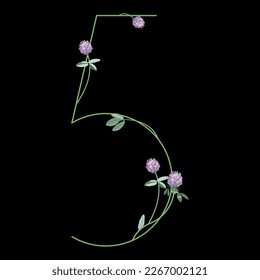Numeral five with red clover branches. Floral font. Number 5. On black background.