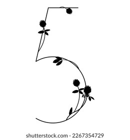 Numeral five with red clover branches. Floral font. Number 5. Black silhouette on white background.