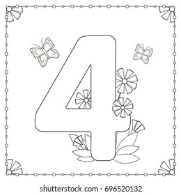 Numeral four with flowers, leaves and butterflies. Coloring page. Vector illustration.