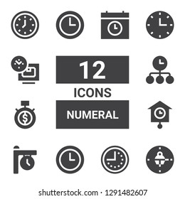 numeral icon set. Collection of 12 filled numeral icons included Clock, Wall clock, Clocks, Time