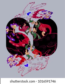 Numeral and japanese tigers with flowers for t shirt apparels printing. Vector sticker, patch in oriental style.