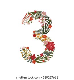 Numeral, lined with flowers and leaves. 
Editable Vector Cute floral symbol on a white background.