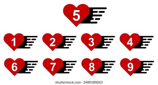 Numeral Love set. Collection of Red Heart Numbers for Various Uses. Clip art set