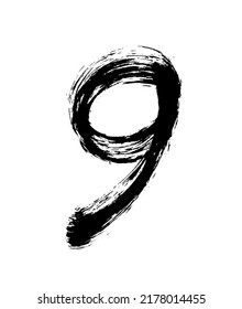 Numeral nine drawn with a brush.Hand drawn vector illustration.