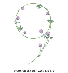 Numeral nine with red clover branches. Floral font. Number 9. Isolated vector illustration.