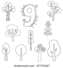 Numeral nine and trees vector illustration