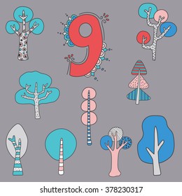 Numeral nine and trees vector illustration
