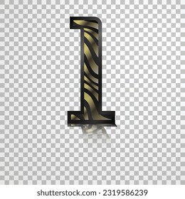 Numeral one black with gold ribbons and black border, isolated. Vector digit with mirror image