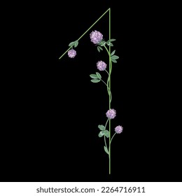 Numeral one with red clover branches. Floral font. Number 1. On black background.